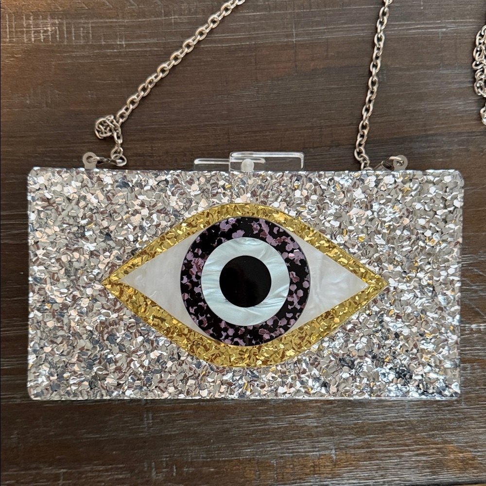 Evil Eye Acrylic Clutch Silver Eye Design Clutch Chain Shoulder Bag Glitter EUC - Picture 3 of 8